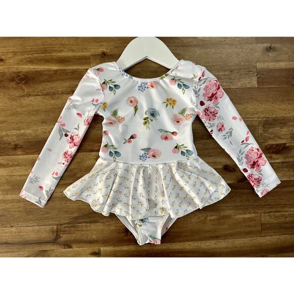 NWT SweetHoney Skirted Leotard Feeling Fancy White Pink Floral Long Sleeves 18M - Picture 2 of 4